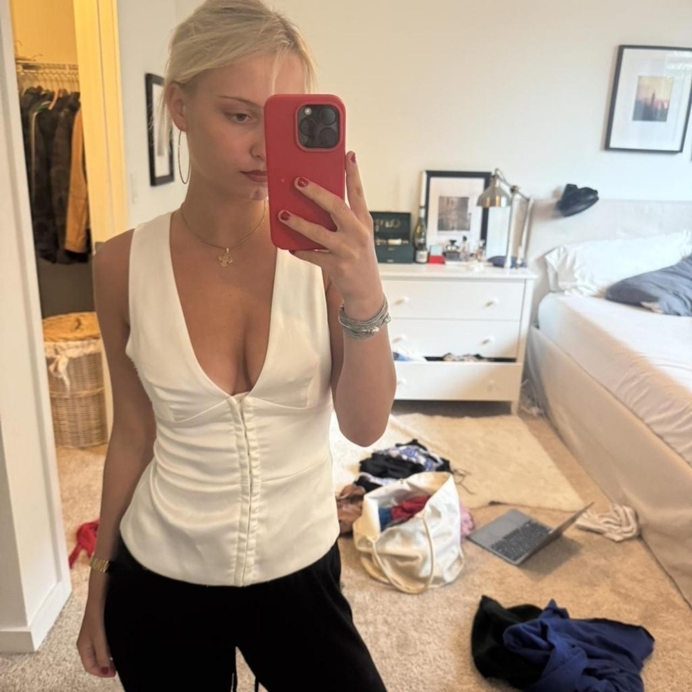 Zara Satin Deep V White Camisole